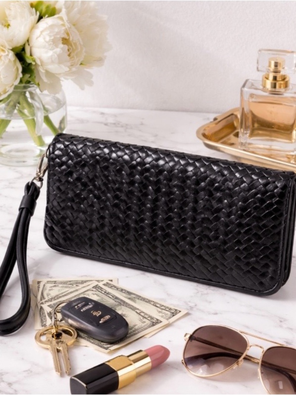 Donald J Pliner Black Woven Leather Clutch Wallet Wristlet Organizer Luxury